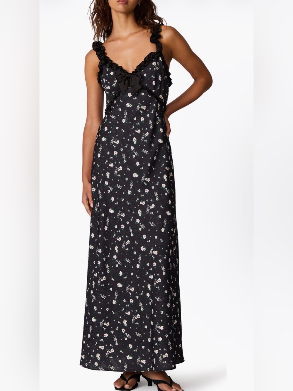 Steve Madden Black Floral Maxi Slip Dress with Ruffle Straps